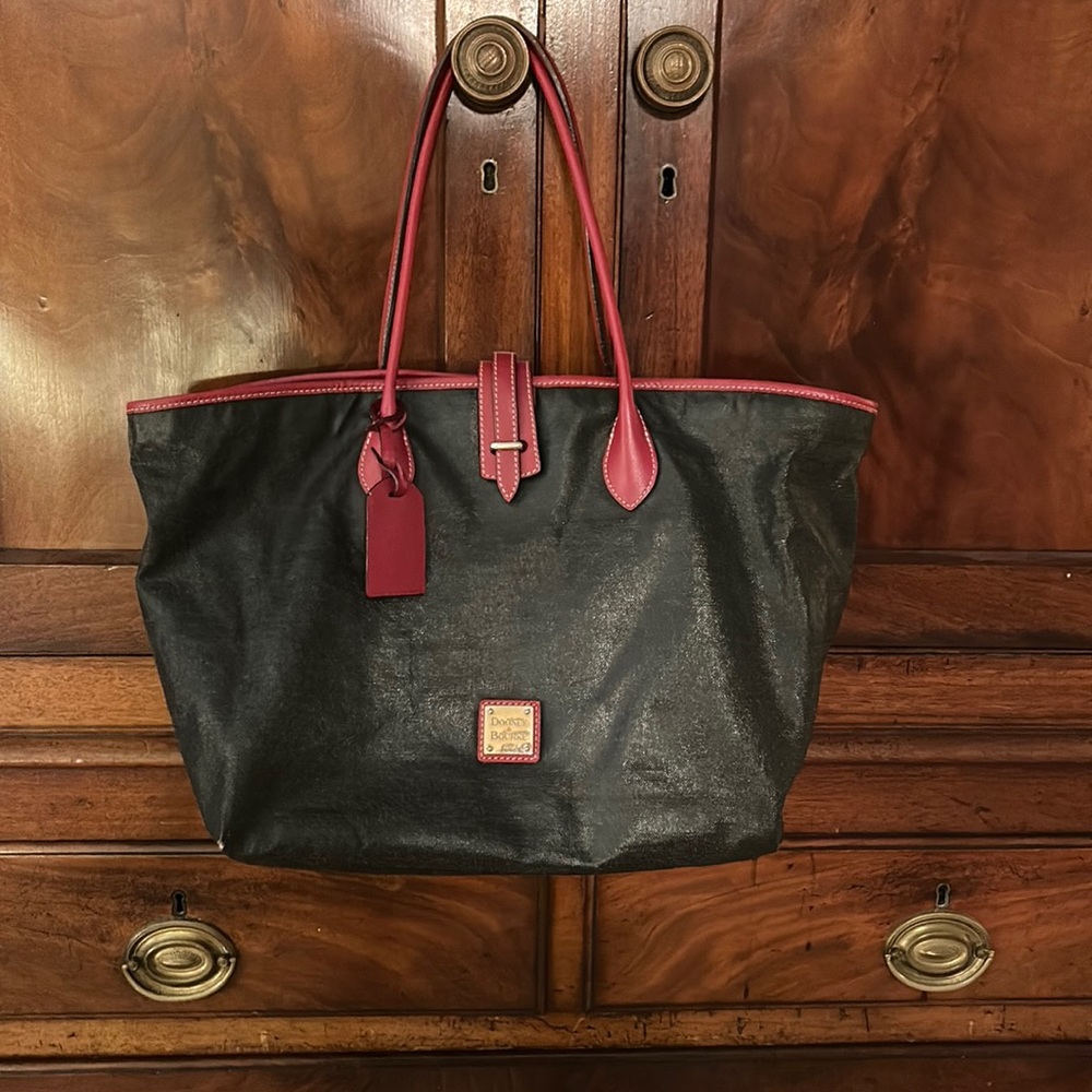 Dooney and Burke washed out black tote shopper with red trim